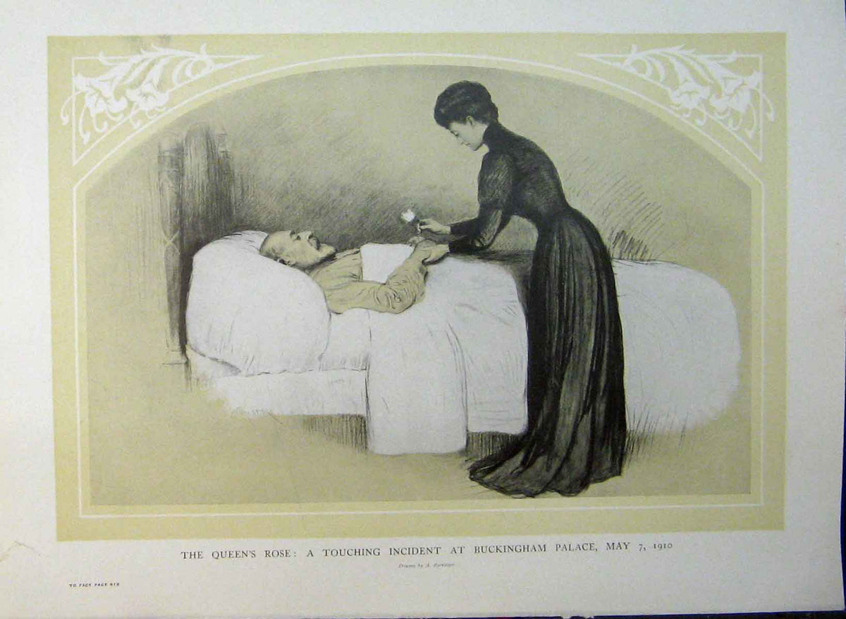 Original Old Antique Print 1910 Queen Rose King Edward Bed Buckingham Palace