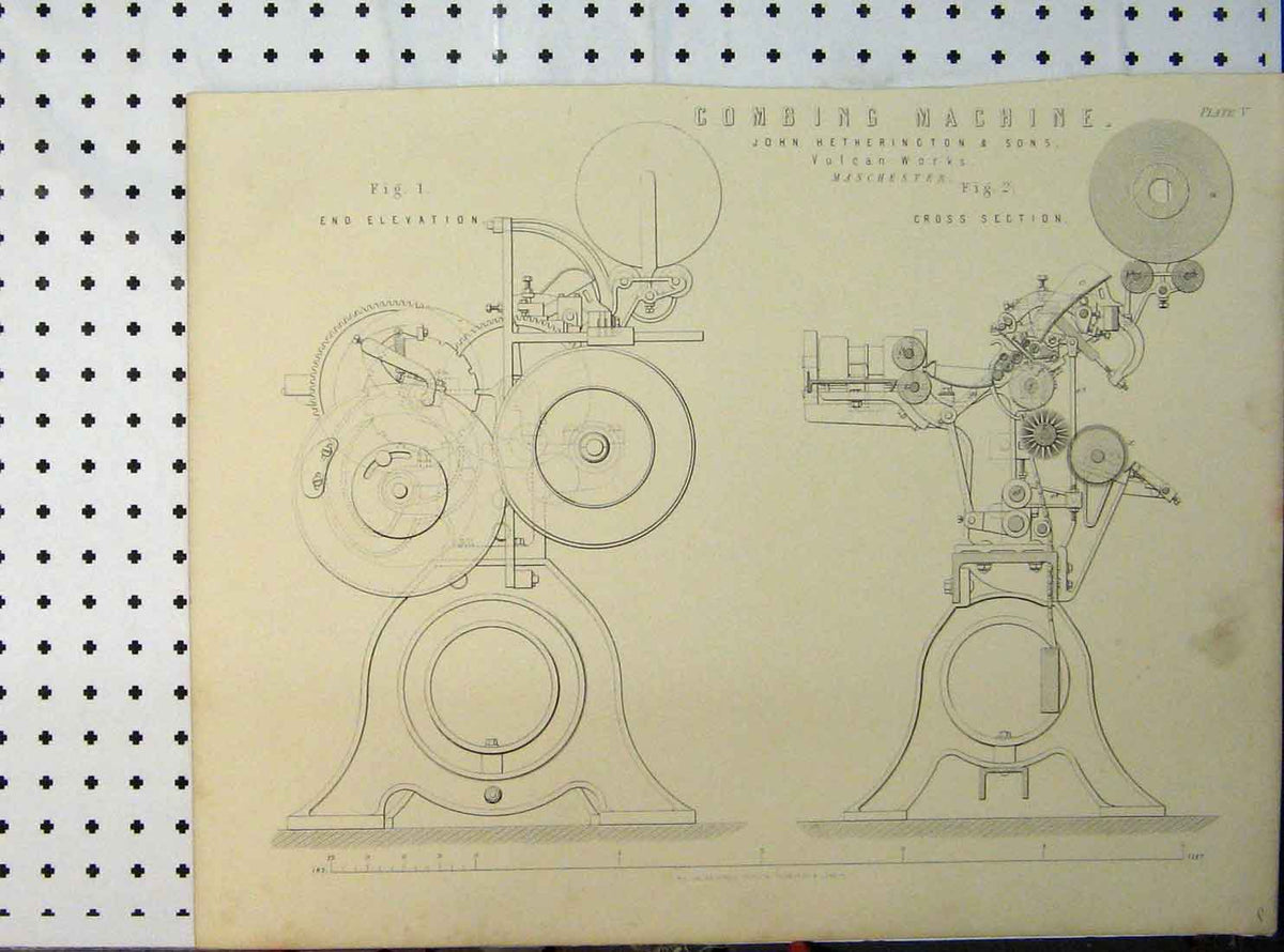 Old Antique Print C1890 Combing Machine Cross Section Diagram Elevation 19th