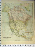 Original Old Antique Print Colour C1890 Map North America Pacific Ocean 19th
