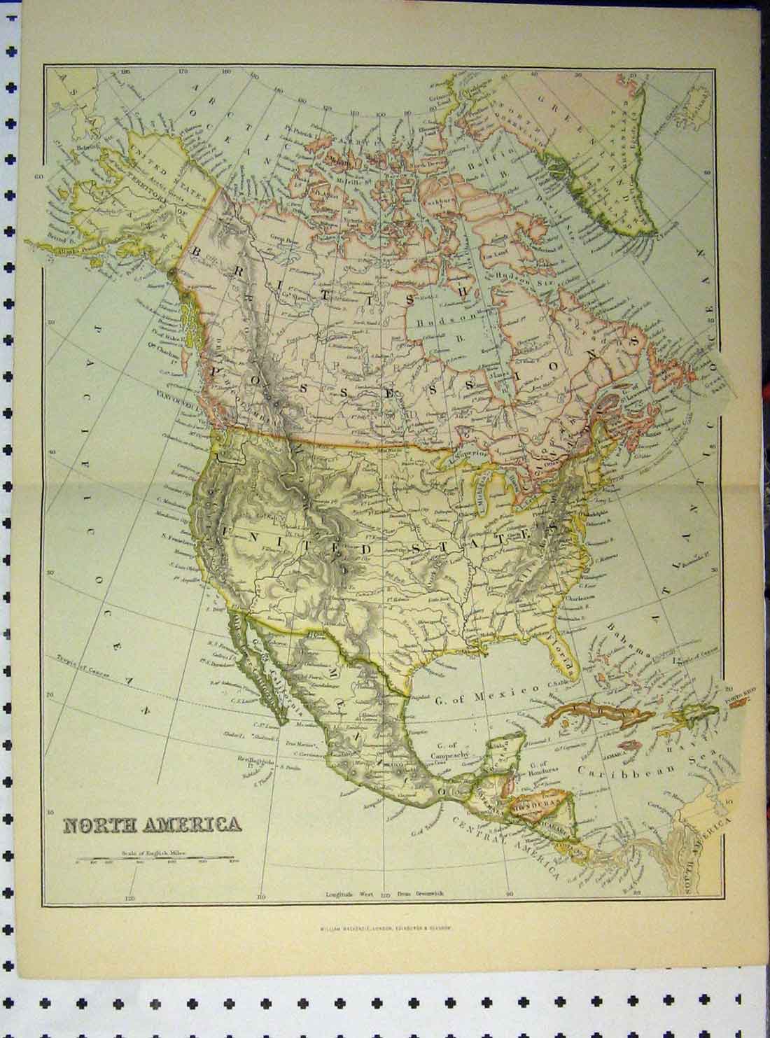Original Old Antique Print Colour C1890 Map North America Pacific Ocean 19th
