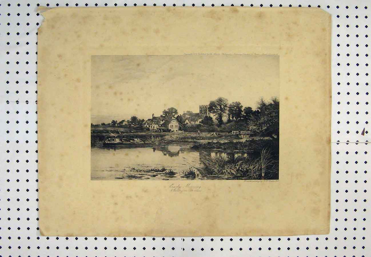 Old Antique Print 1884 View Early Morning River Thames Castle Bridge Boat 19th