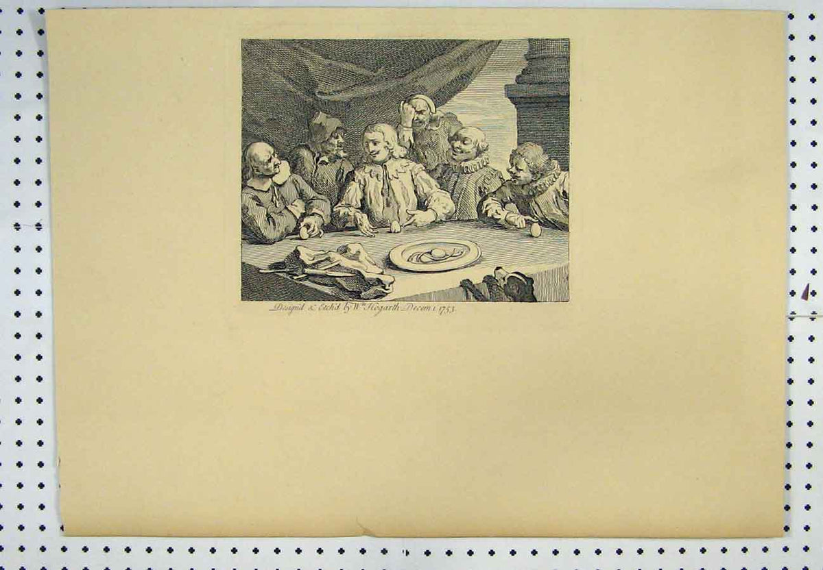 Original Old Antique Print 1753 Hogarth Engraving Men Sitting Table Eggs