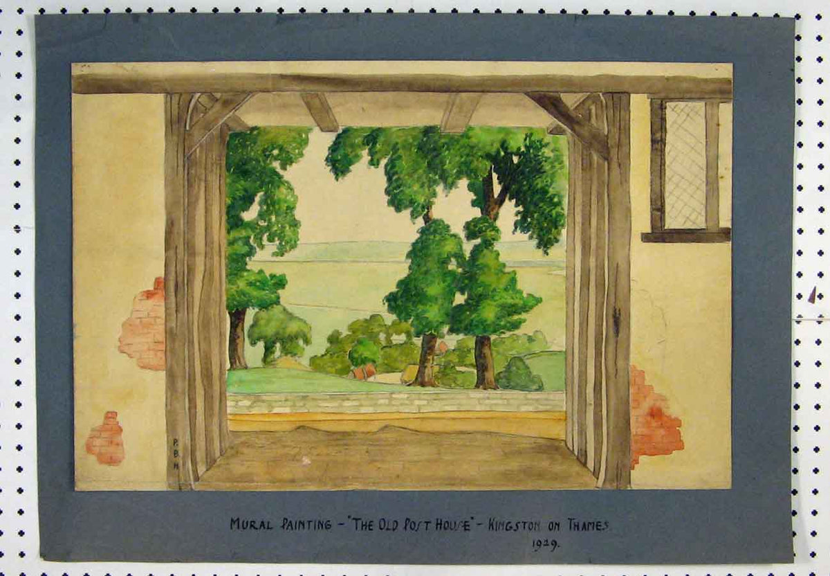Old Vintage Print 1929 Mural Painting Post House Kingston Thames Colour 20th