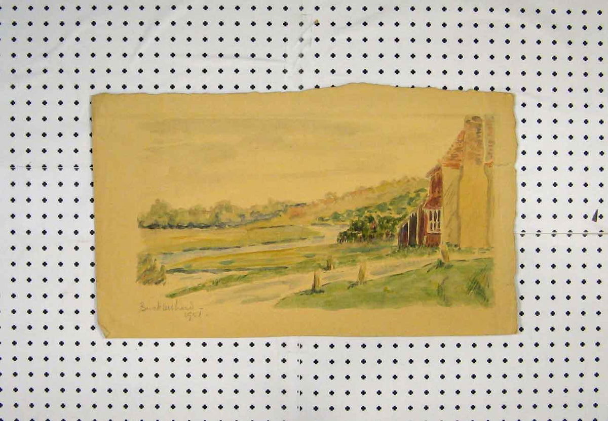 Original Old Vintage Print 1951 Painting Colour Country Scene House Trees River