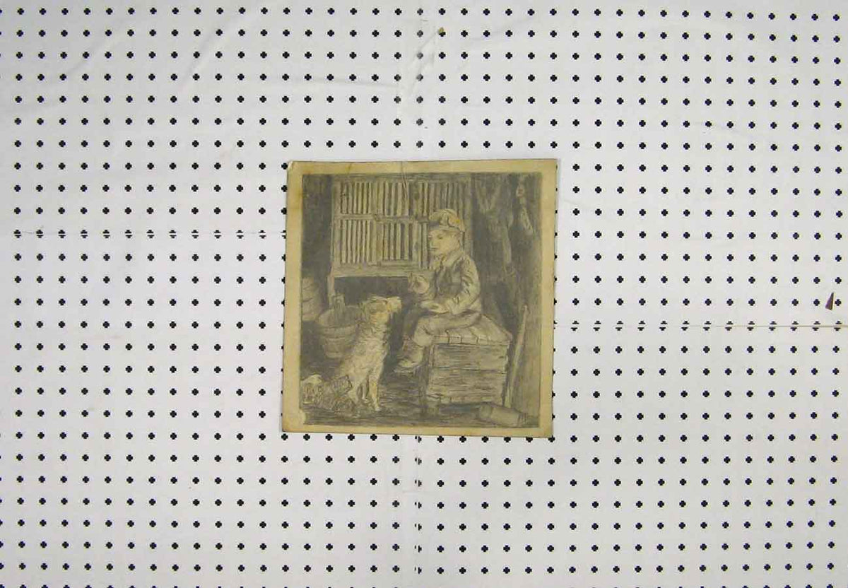 Old Antique Print C1880 Drawing Sketch Young Boy Sitting Box Feeding Dog 19th