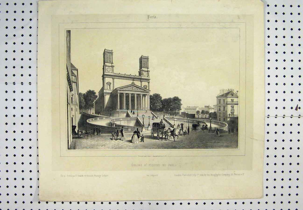 Original Old Antique Print C1880 View Paris Eglise Vincent Paul Building Horse