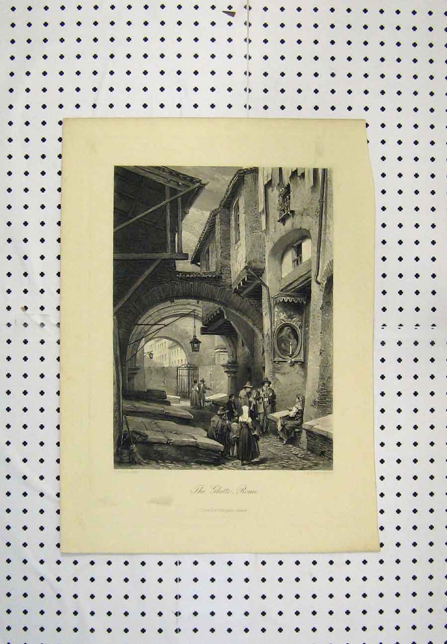 Original Old Antique Print C1880 View Ghetto Rhome Street Scene Engraving Hunt
