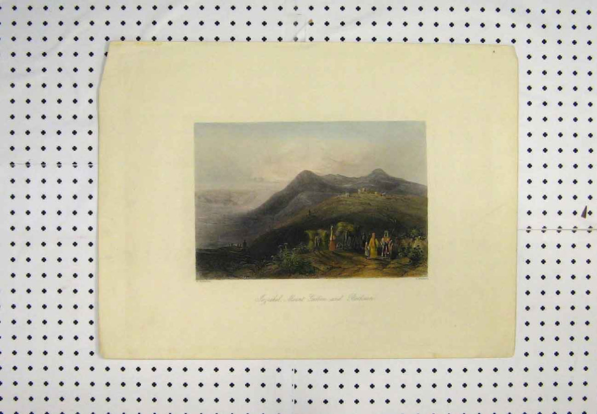 Original Old Antique Print C1880 Colour Mountain Gelboe Bethsan Camel Men 19th
