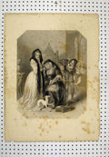 Original Old Antique Print C1880 Engraving Church Scene Man Women Dog Throne
