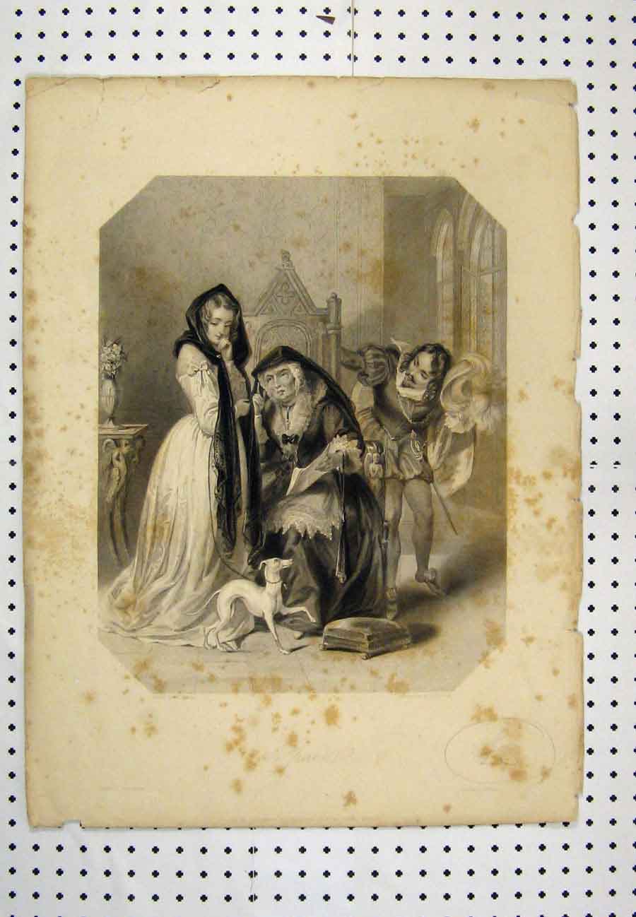 Original Old Antique Print C1880 Engraving Church Scene Man Women Dog Throne