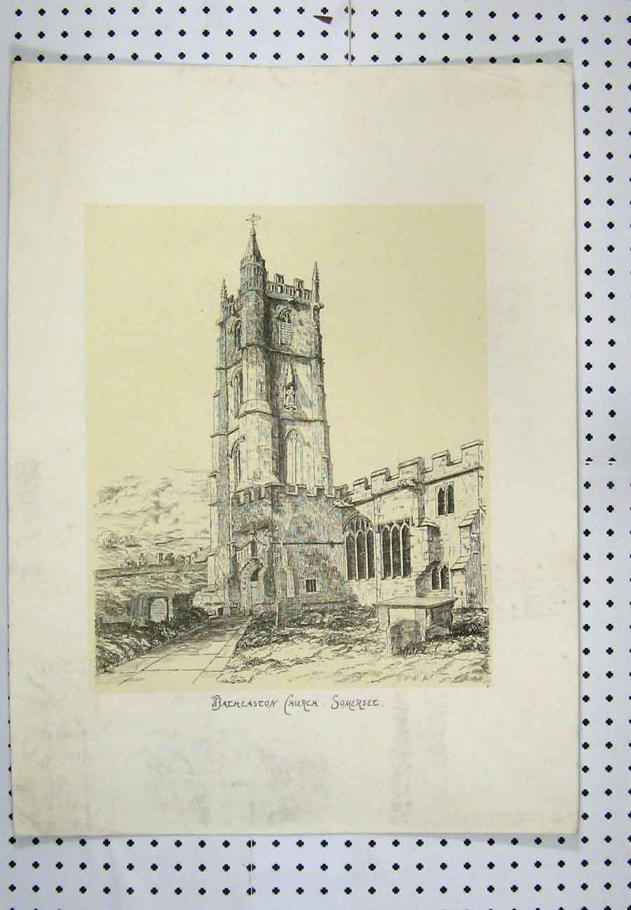 Original Old Antique Print C1880 View Bacheaston Church Somerset Building 19th