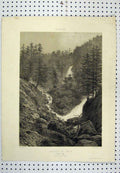 Original Old Antique Print C1880 Pyreness Mounrains Valley Waterfall Country