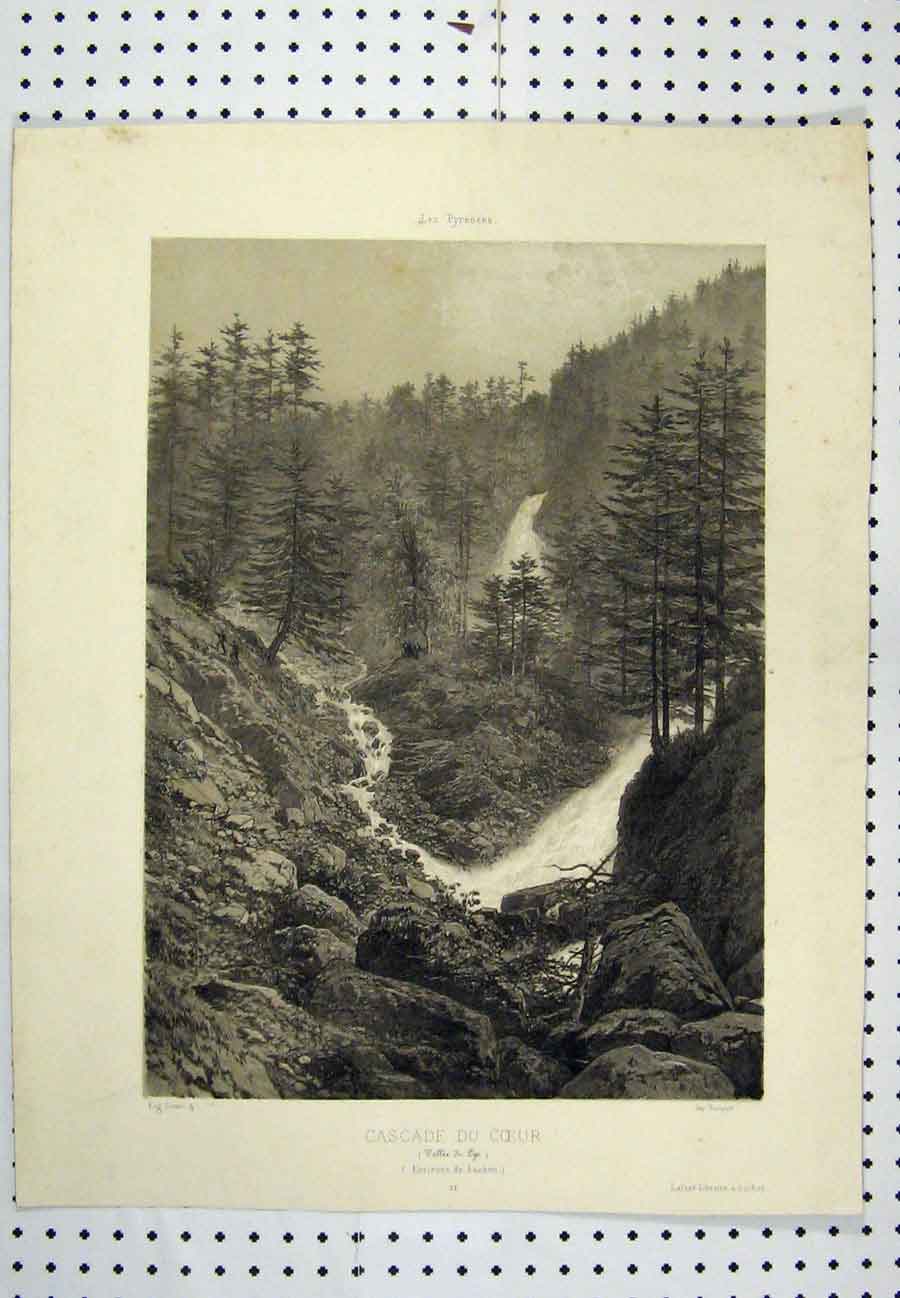Original Old Antique Print C1880 Pyreness Mounrains Valley Waterfall Country