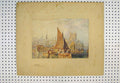 Original Old Antique Print C1880 Colour View Rochester Castle Ship Harbour 19th