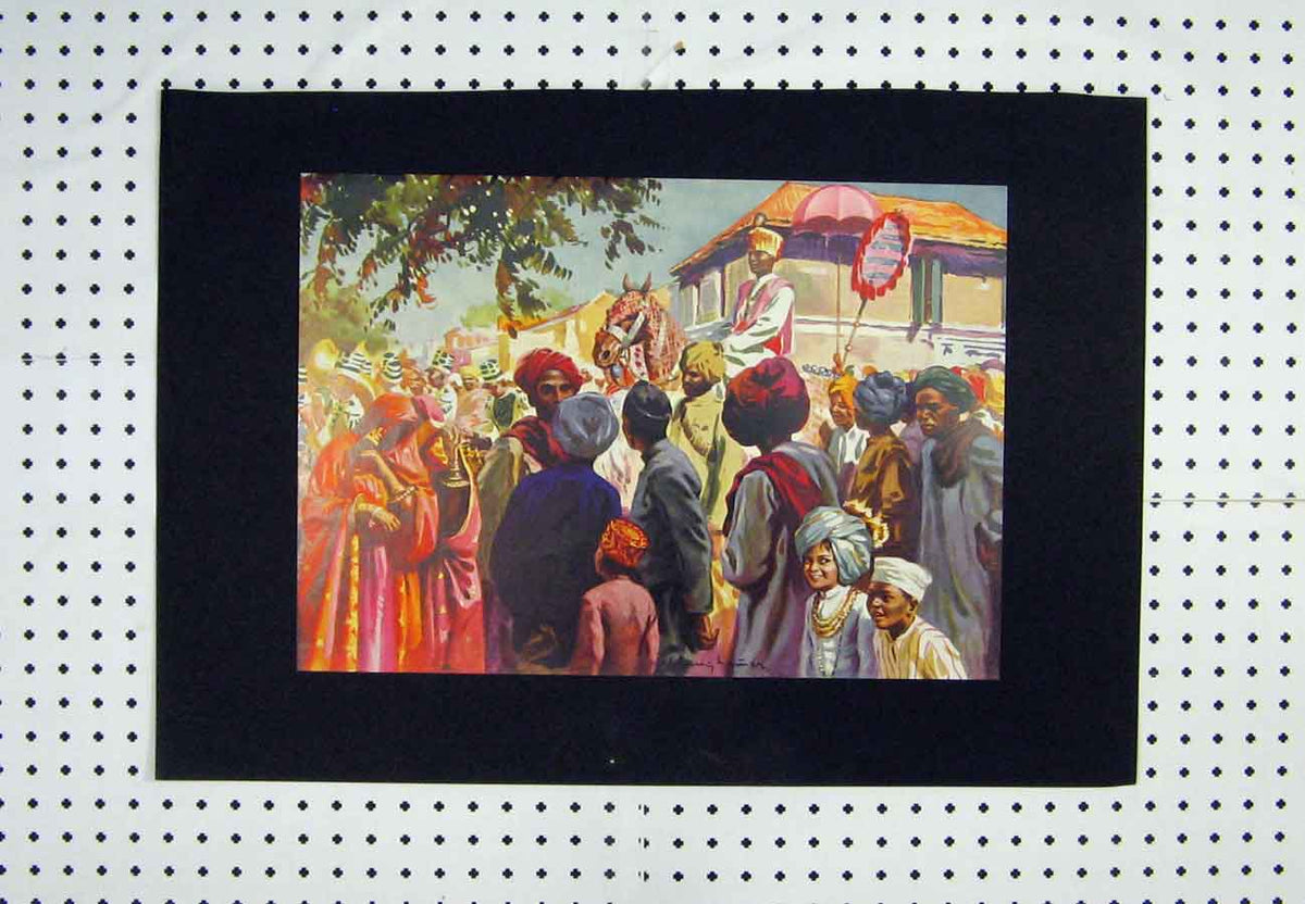 Original Old Antique Print C1880 Colour Scene Marwari Wedding Procession 19th