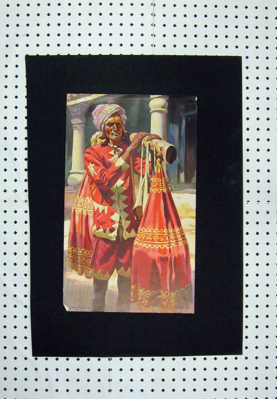 Original Old Antique Print C1880 Colour Hindu Holy Man Water Basket Painting
