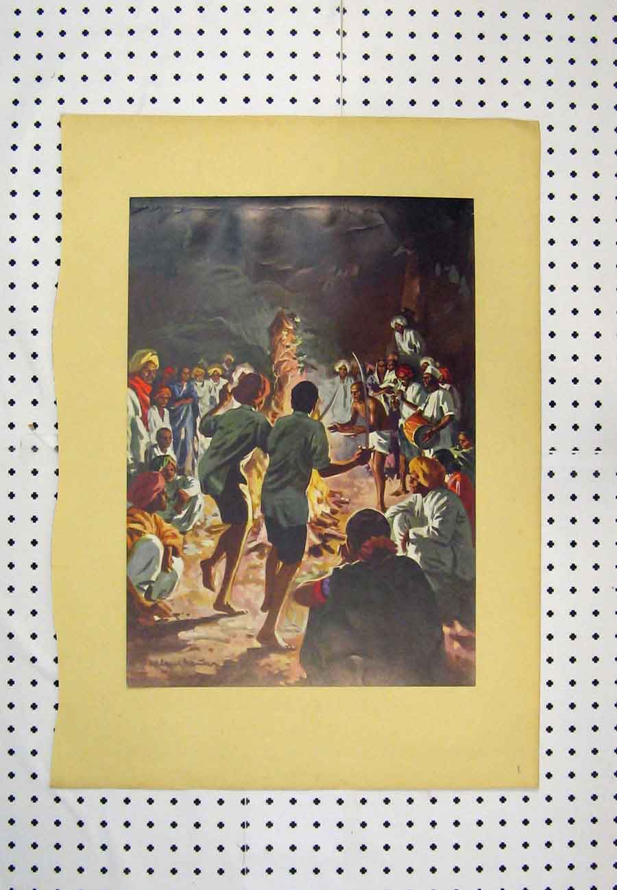 Original Old Antique Print C1880 Colour India Men Dancing Fire Swords Drum 19th