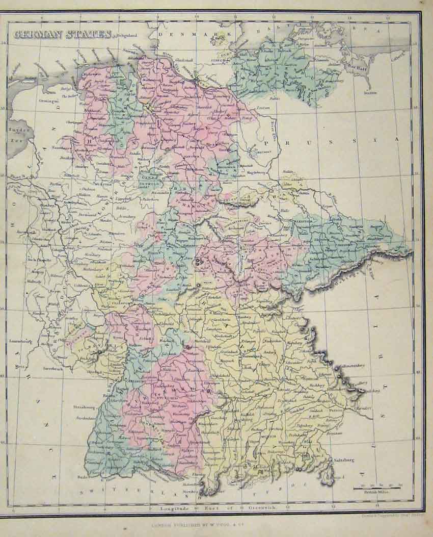 Original Old Antique Print C1880 Colour Map Germany States Findlay Victorian