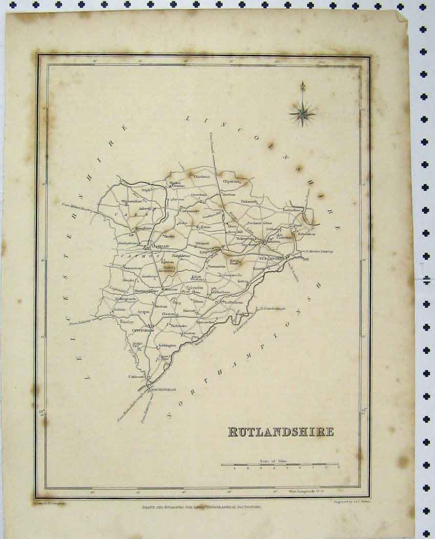 Original Old Antique Print Map Rutlandshire C1880 England Walker Britain 19th