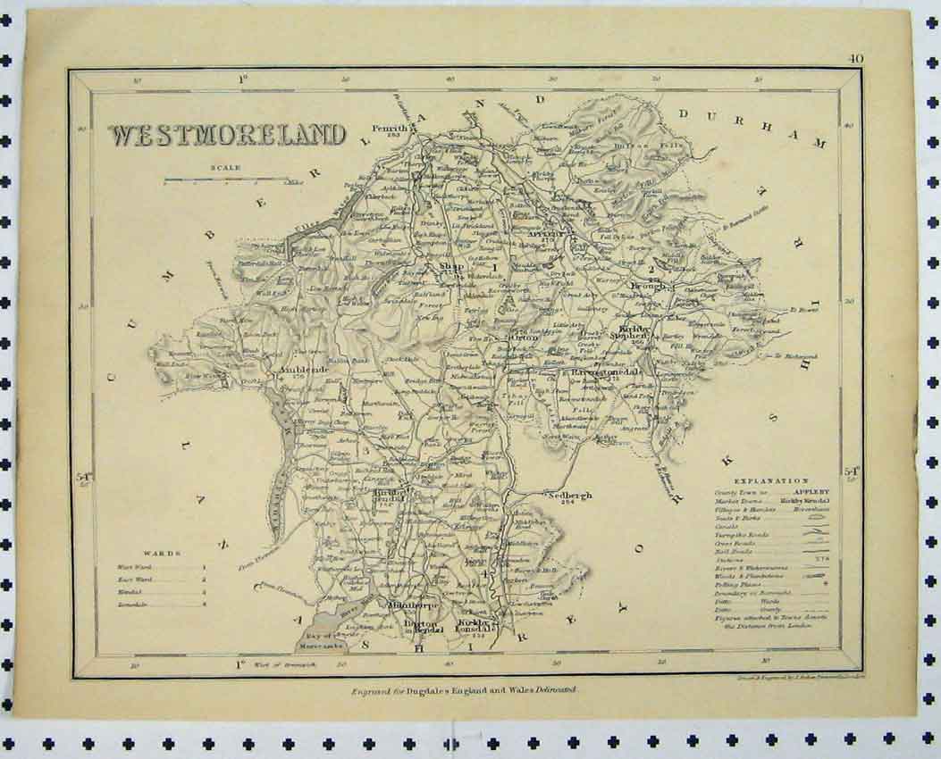 Original Old Antique Print C1880 Map Westmoreland England Dugdales Victorian