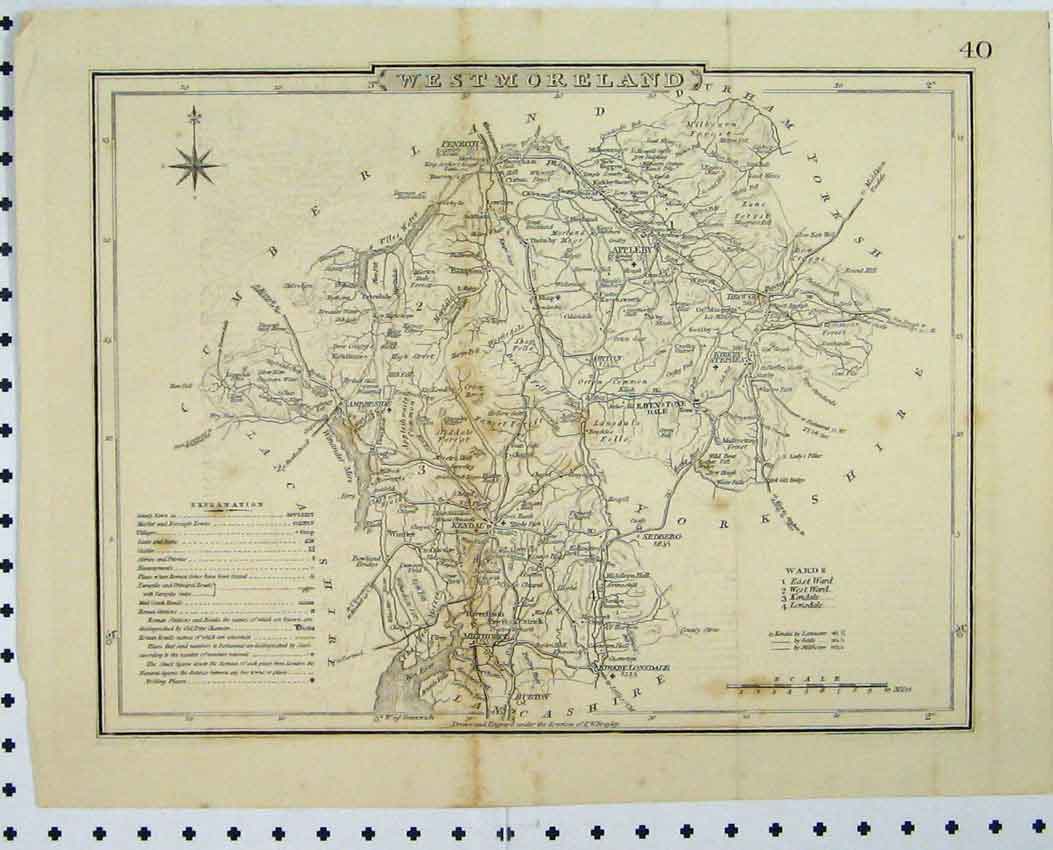 Original Old Antique Print C1880 Map Westmoreland England Brayley Victorian