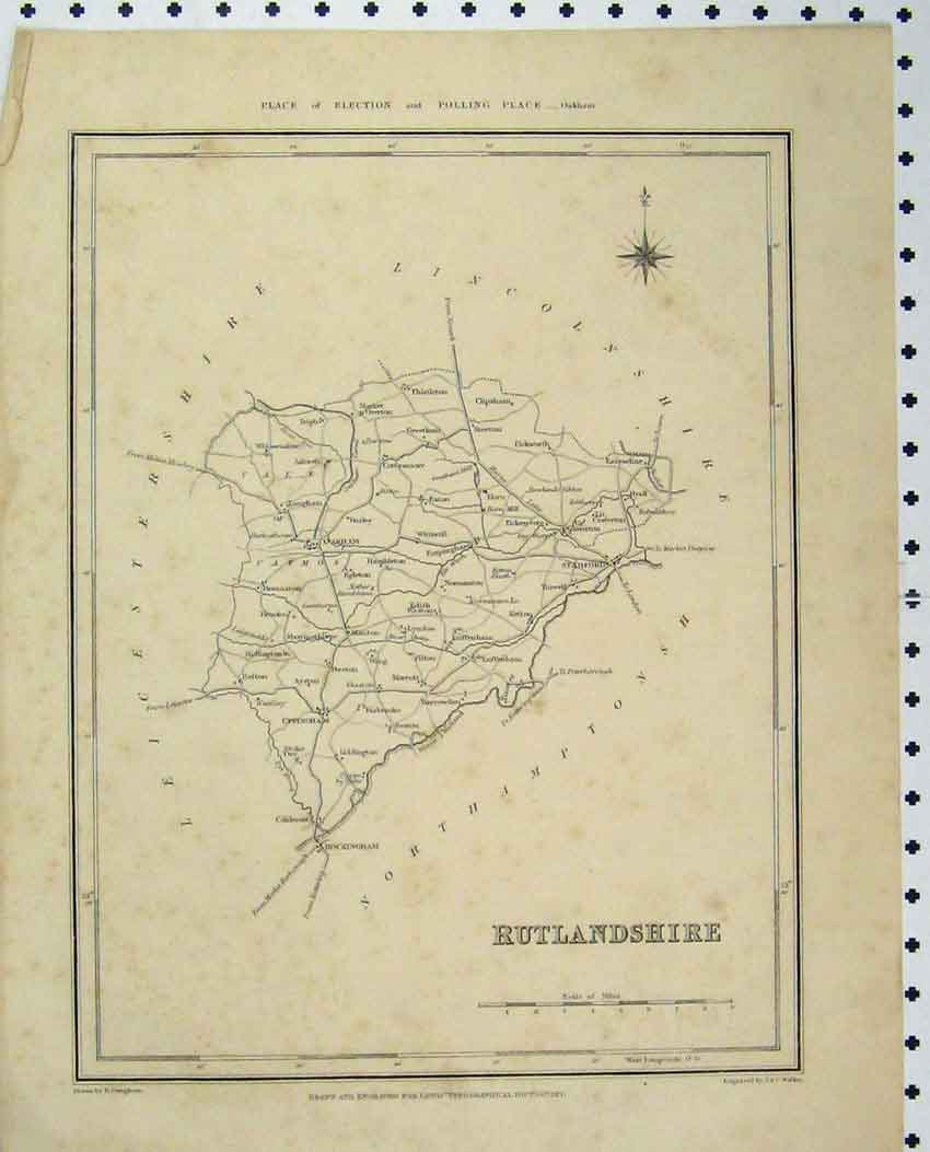 Original Old Antique Print C1880 Map Rutlandshire England Walker Lewis 19th