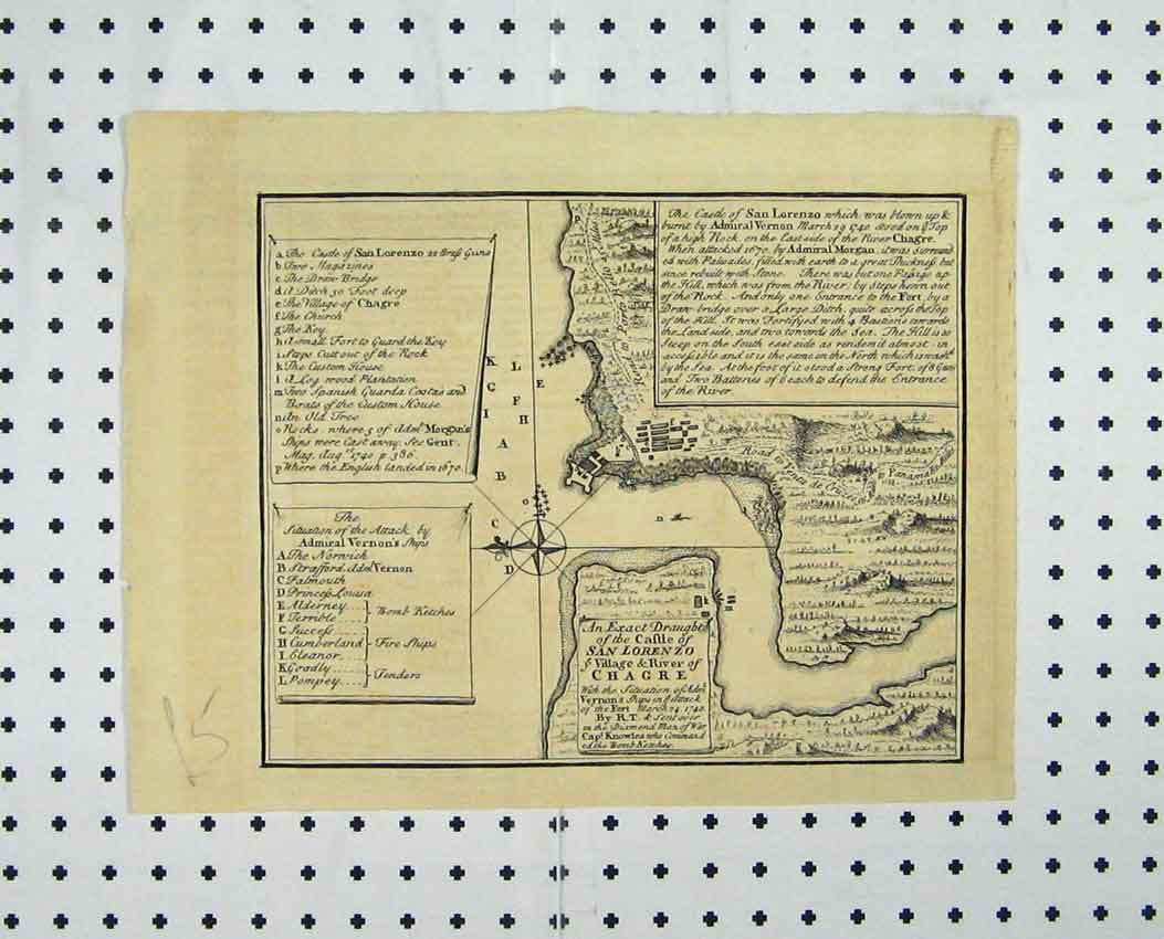 Old Antique Print C1880 Draft Castle San Lorenzo Village River Charge Map 19th