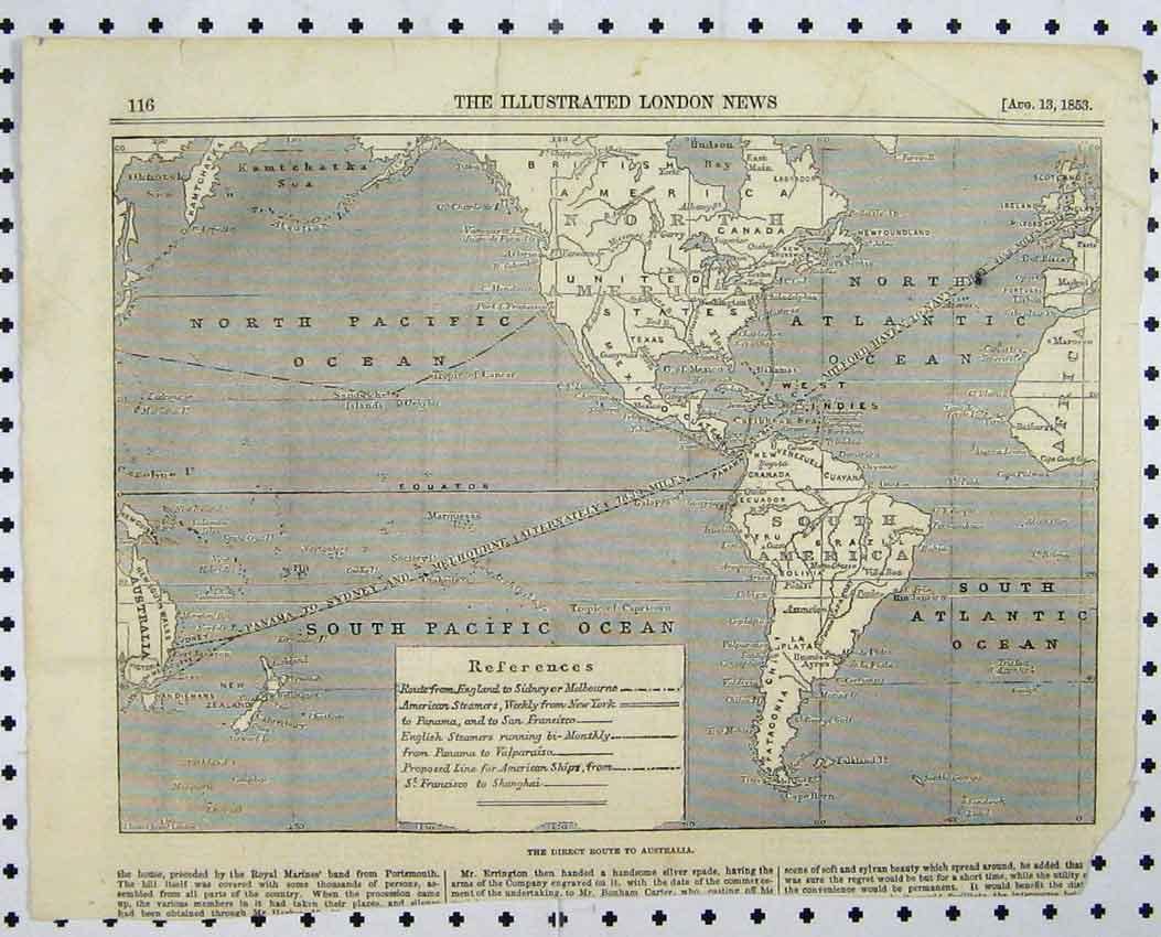 Original Old Antique Print C1880 Map North South America Route Australia 19th