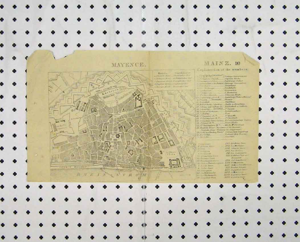 Original Old Antique Print Map Street Plan Mayence C1880 Rhein Strom River 19th