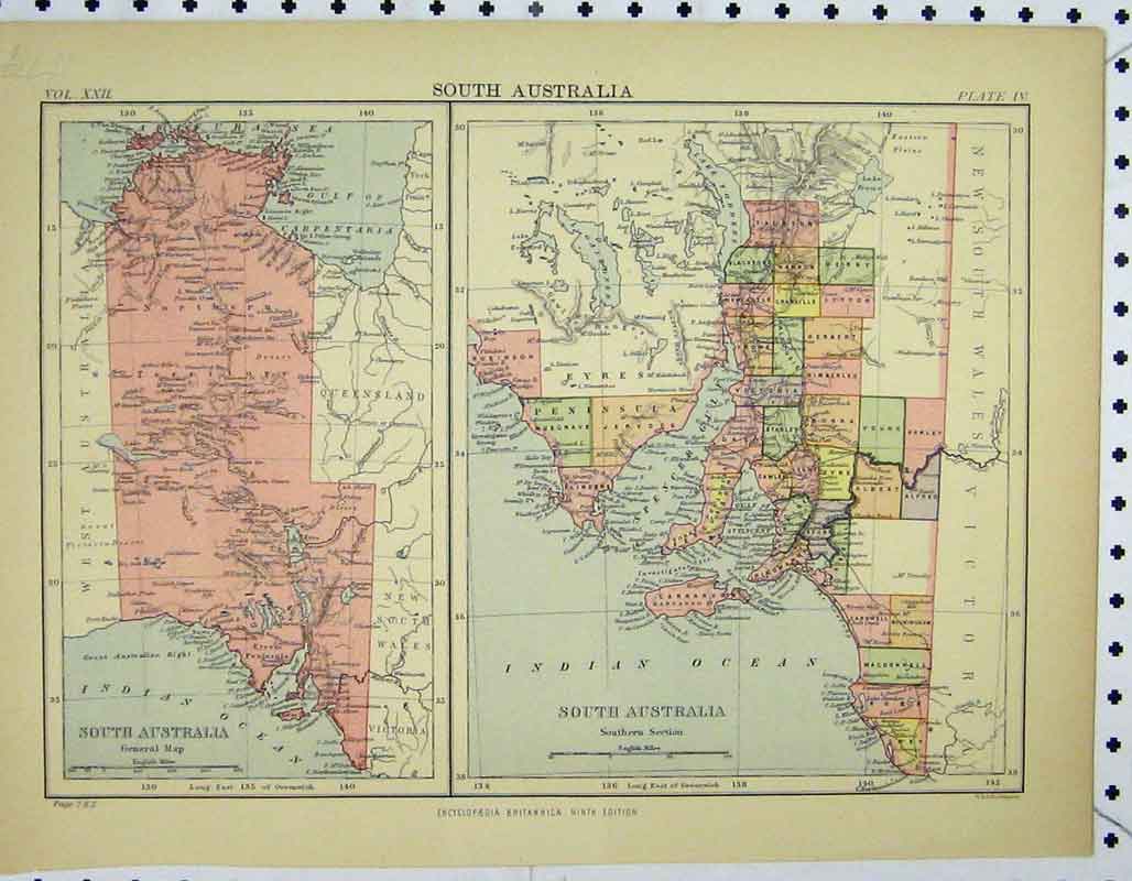 Original Old Antique Print Colour Map C1902 South Australia Indian Ocean 20th