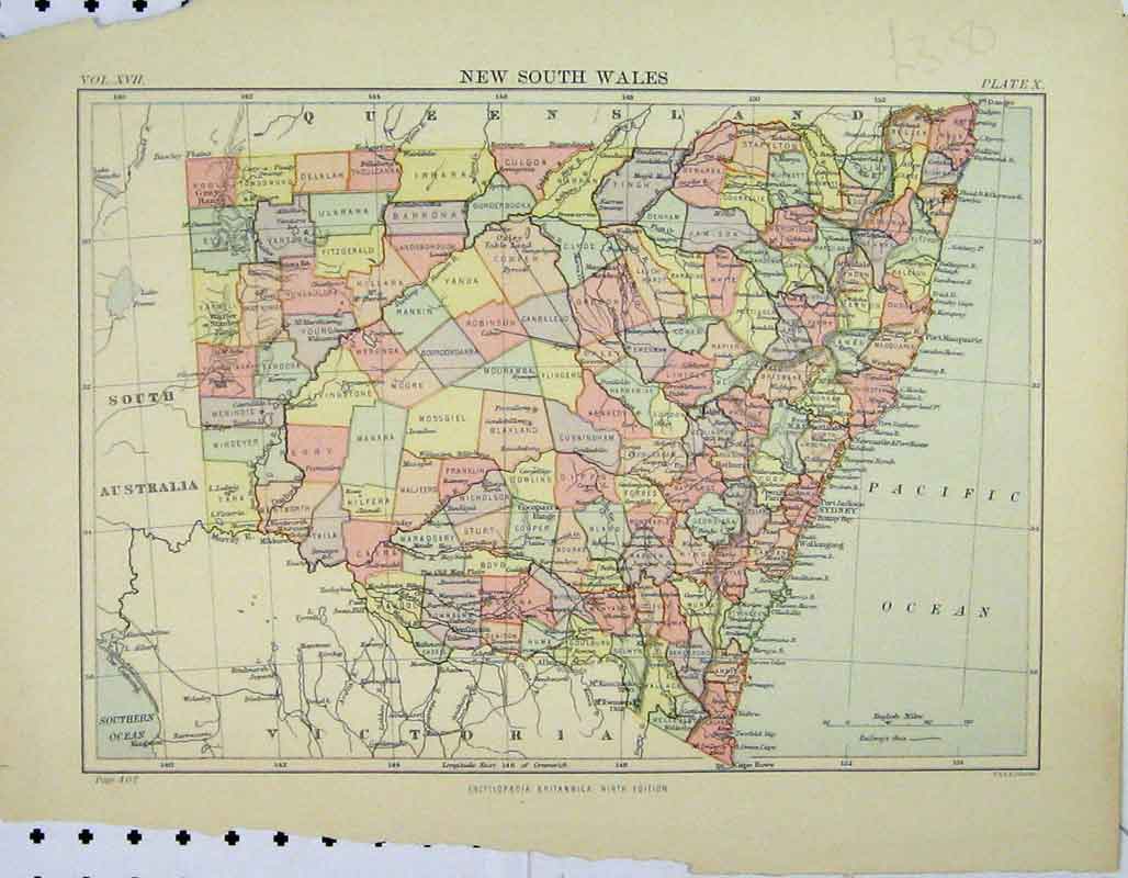 Original Old Antique Print C1902 Colour Map New South Wales Australia 20th