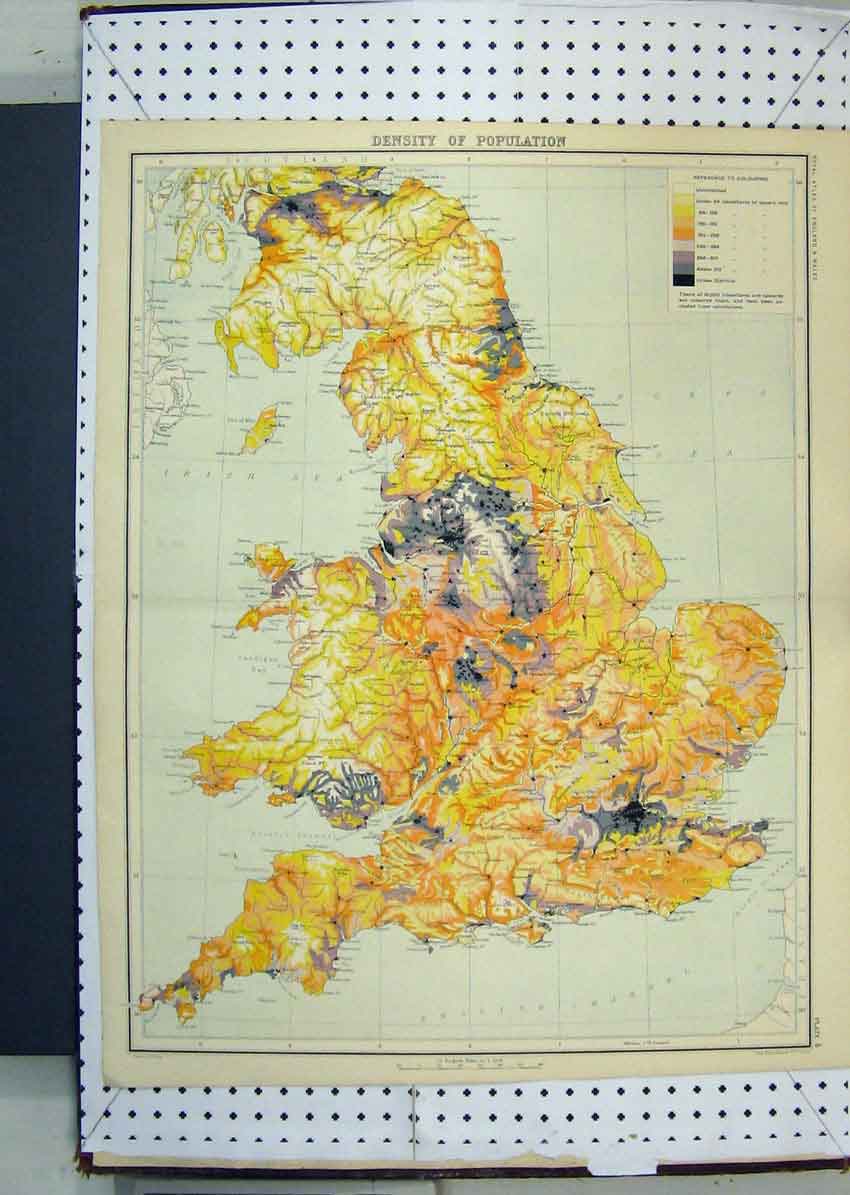 Original Old Antique Print Map England Colour Density Population