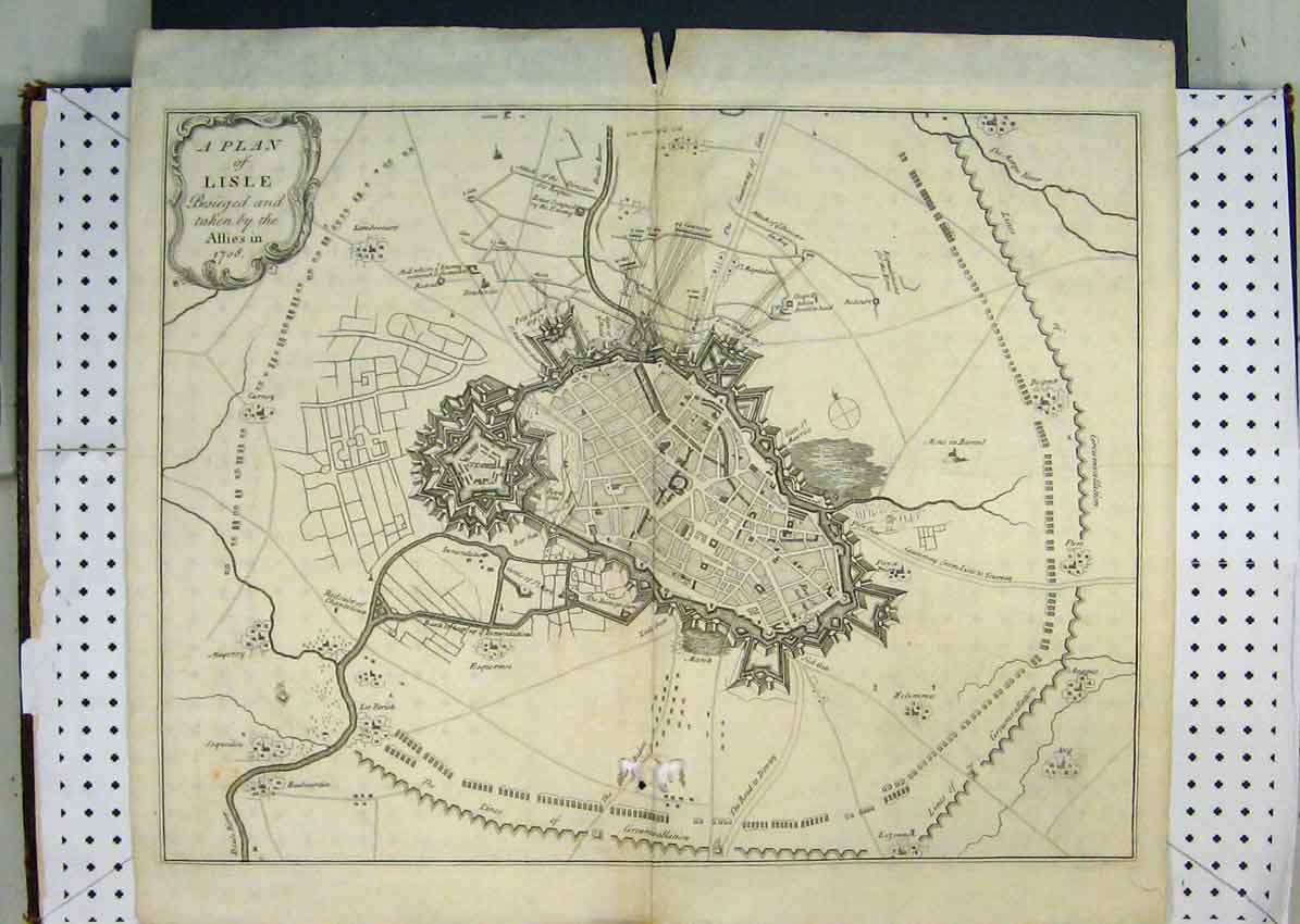 Original Old Antique Print 1708 Map Street Plan Lilse Besieged