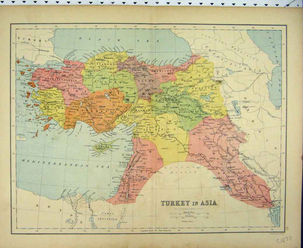 Original Old Antique Print Colour Mapt C1880 Turkey Asia Mediterranean 19th