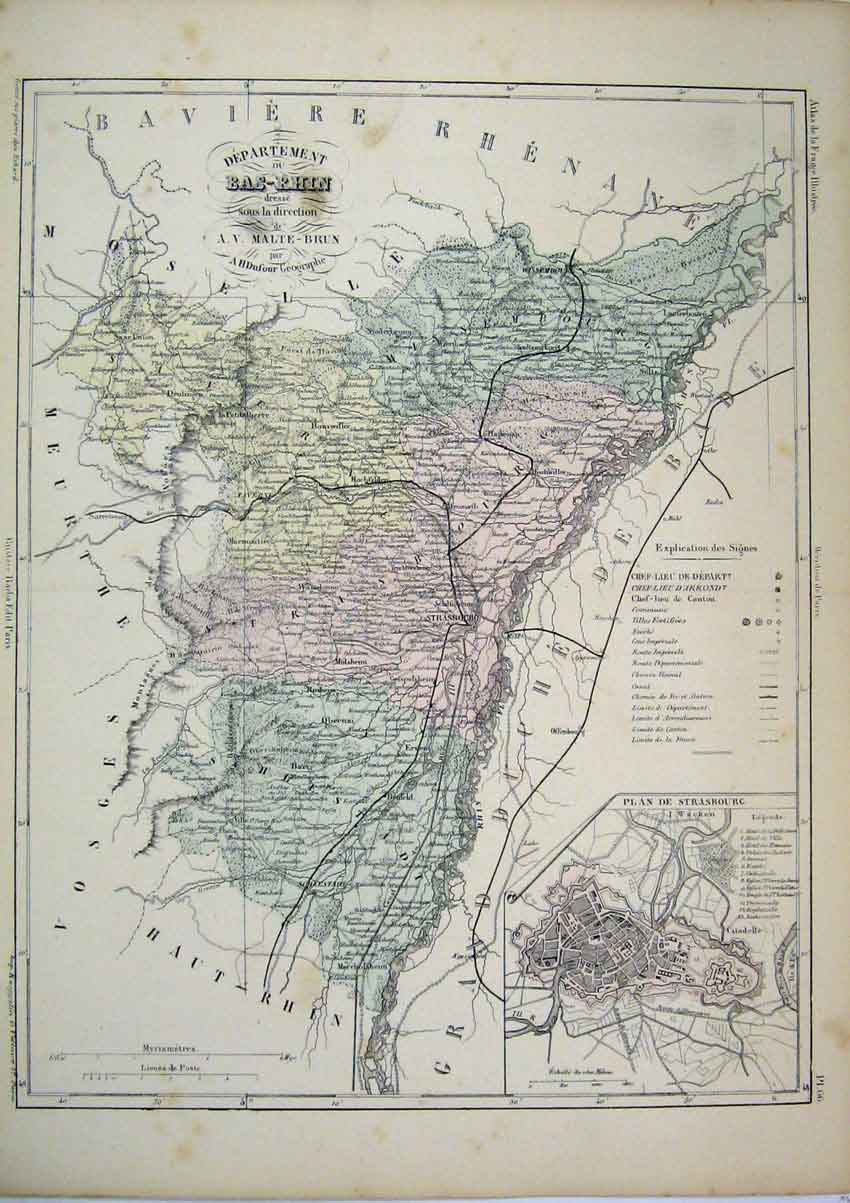 Original Old Antique Print Colour Map C1890 Strasbourg Street Plan France 19th