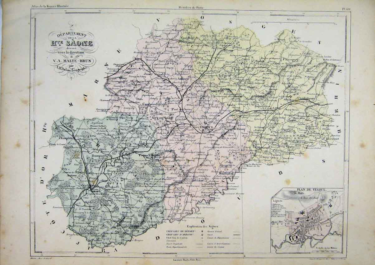 Original Old Antique Print C1890 Map Colour Saone France Vesoul Plan Victorian