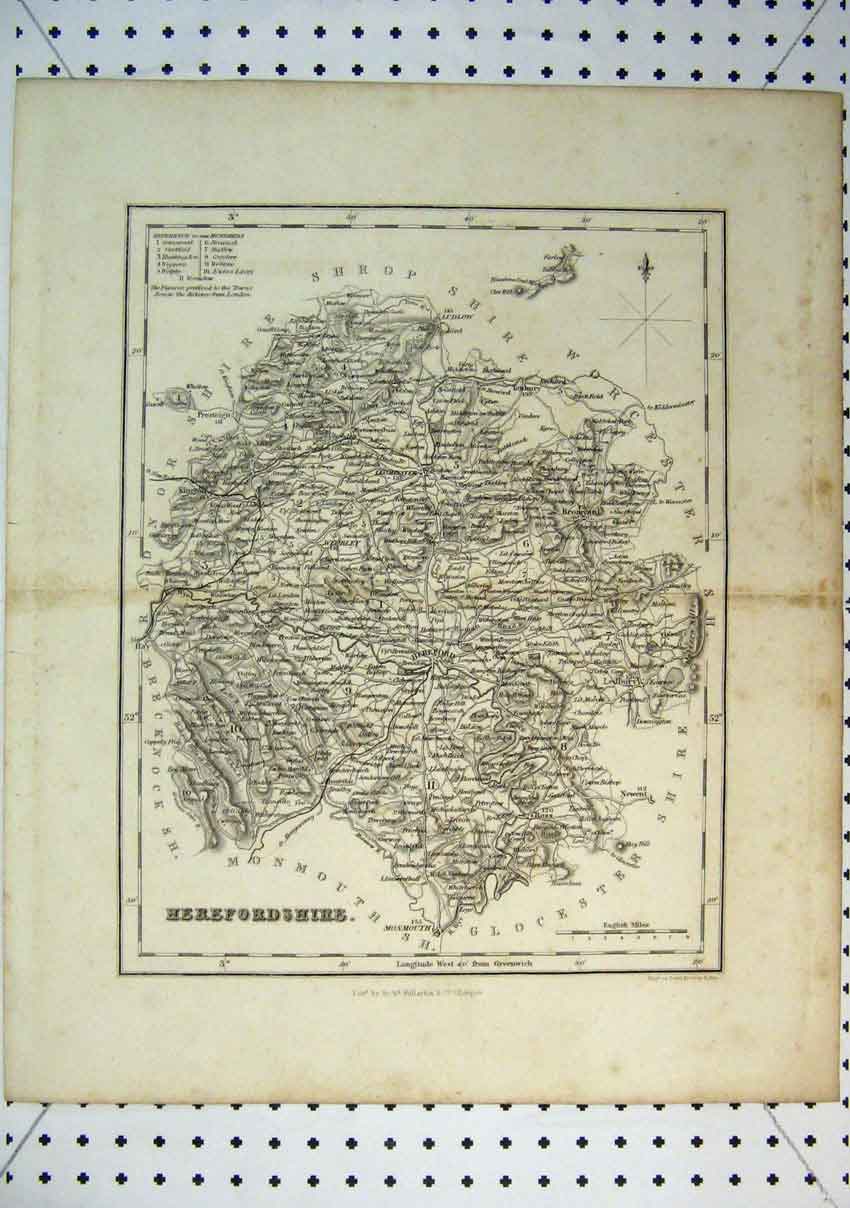 Original Old Antique Print Map Herefordshire England Gray Son