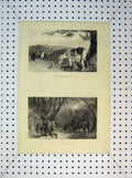 Original Old Antique Print C1865 Horses Men Dogs Country Scene 19th