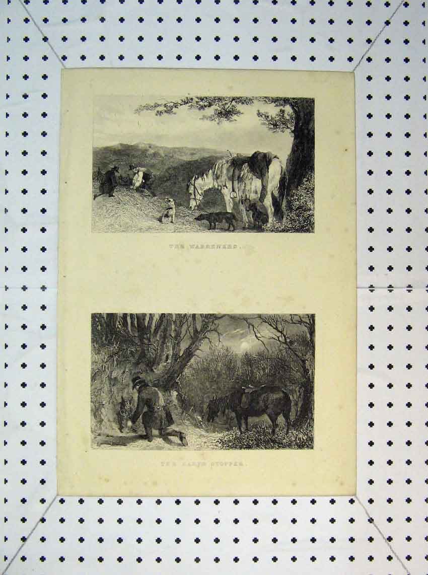 Original Old Antique Print C1865 Horses Men Dogs Country Scene 19th