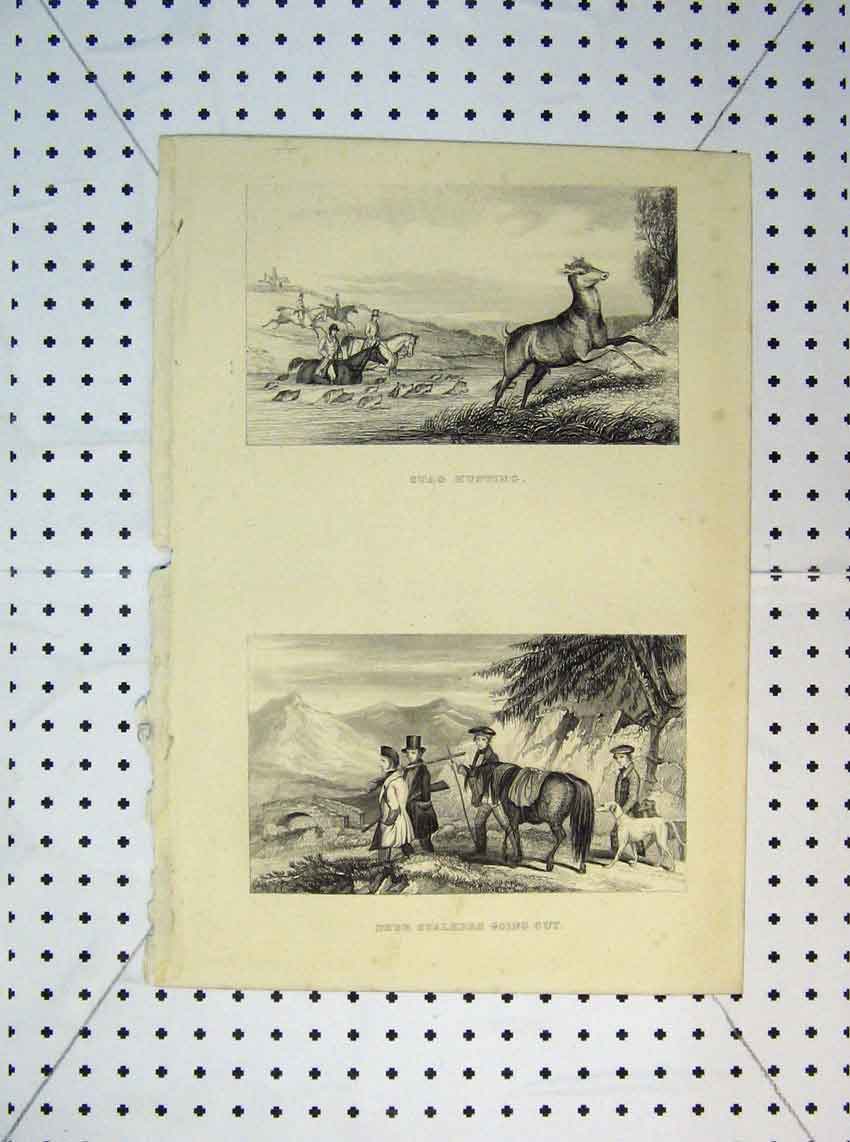 Original Old Antique Print Stag Hunting Deer Stalkers C1865 Men Horses Gun 19th