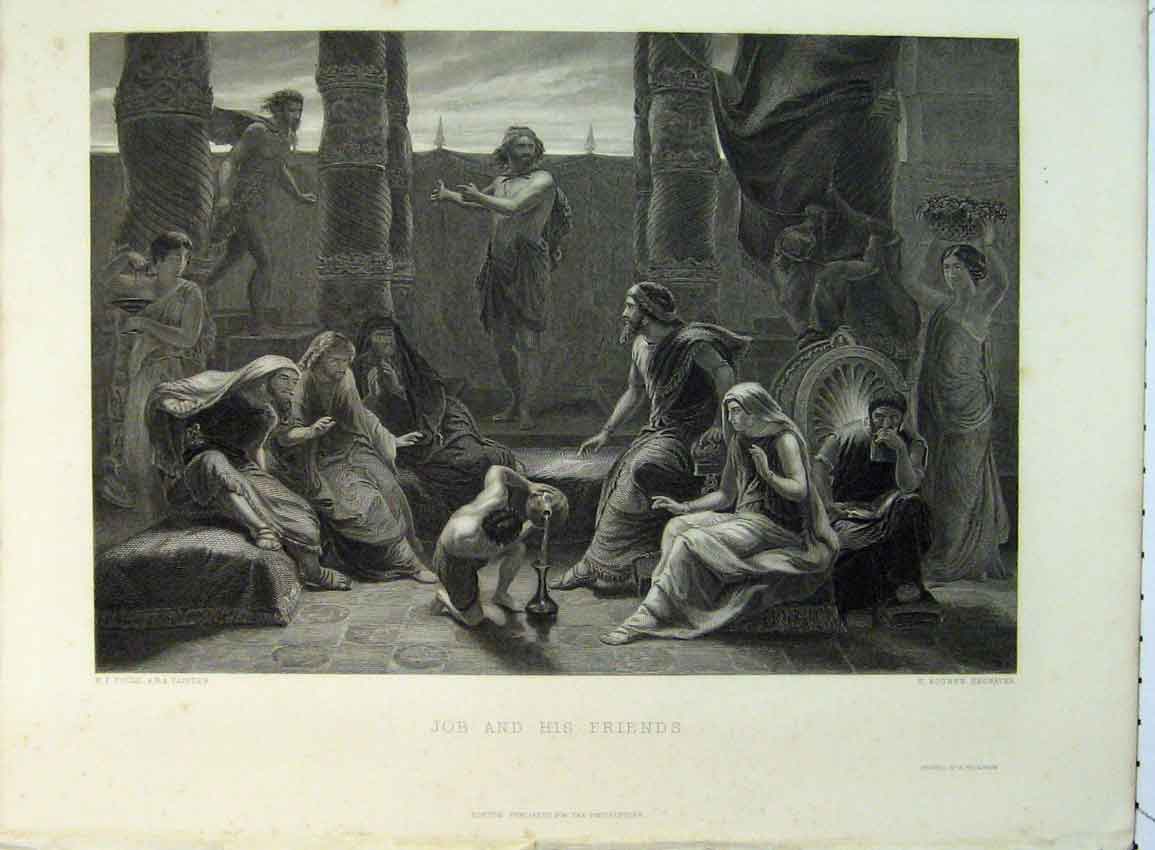 Original Old Antique Print Orginal C1865 Job Friends Ancient Greece Bourne 19th
