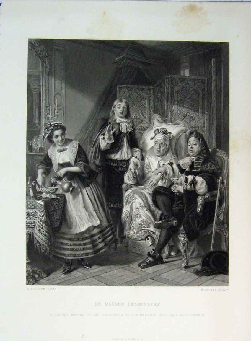 Old Antique Print Orginal C1865 Malade Imaginaire Tea-Time Harding Bourne 19th