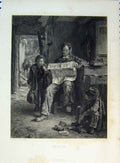 Original Old Antique Print C1865 Man Reading Paper Boys Watching 19th