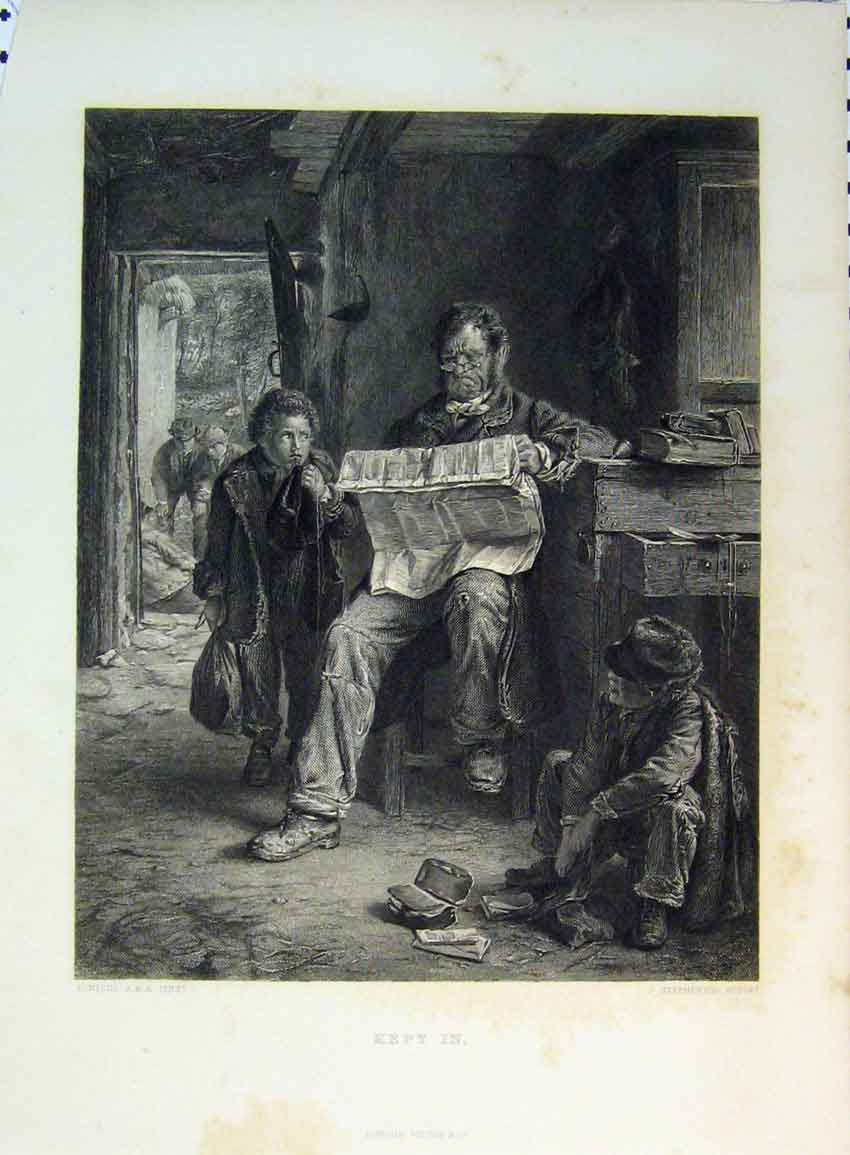 Original Old Antique Print C1865 Man Reading Paper Boys Watching 19th