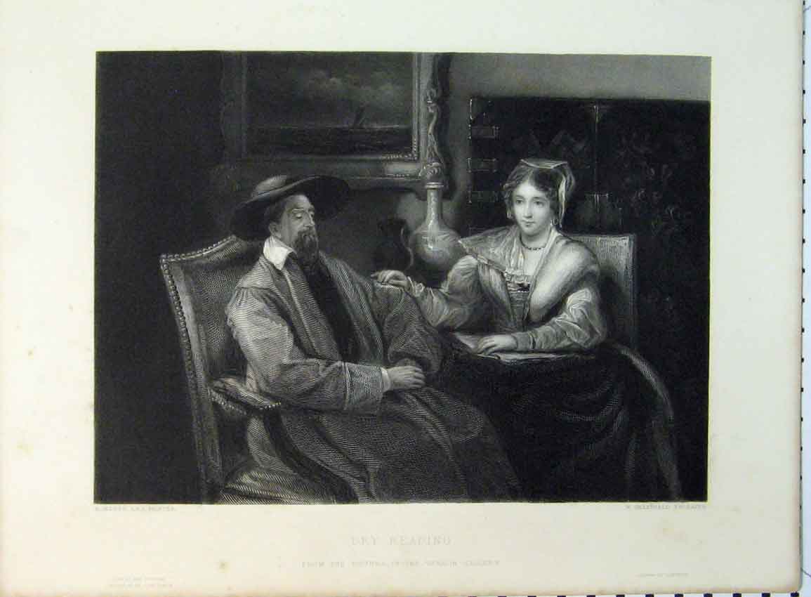 Original Old Antique Print C1865 Man Woman Sitting Reading Romance Greatbach