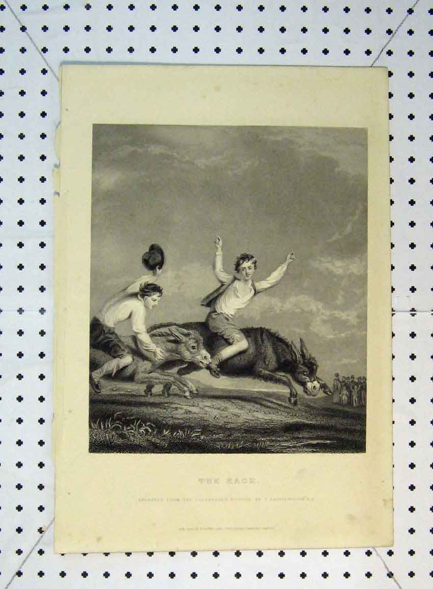 Original Old Antique Print C1865 Donkey Racin Boys Cheering Country Victorian