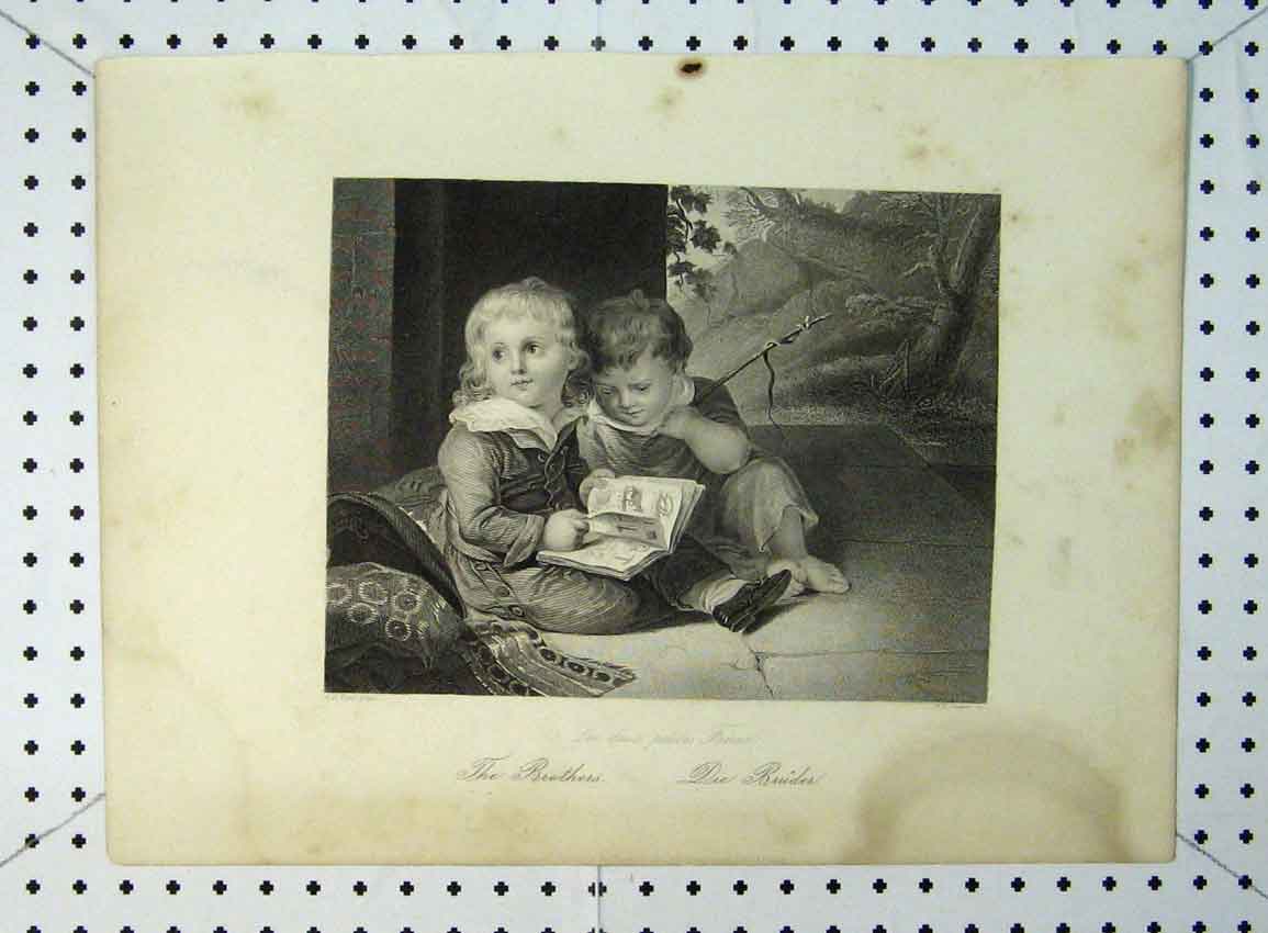 Original Old Antique Print C1865 Young Brothers Reading Book Payne Victorian