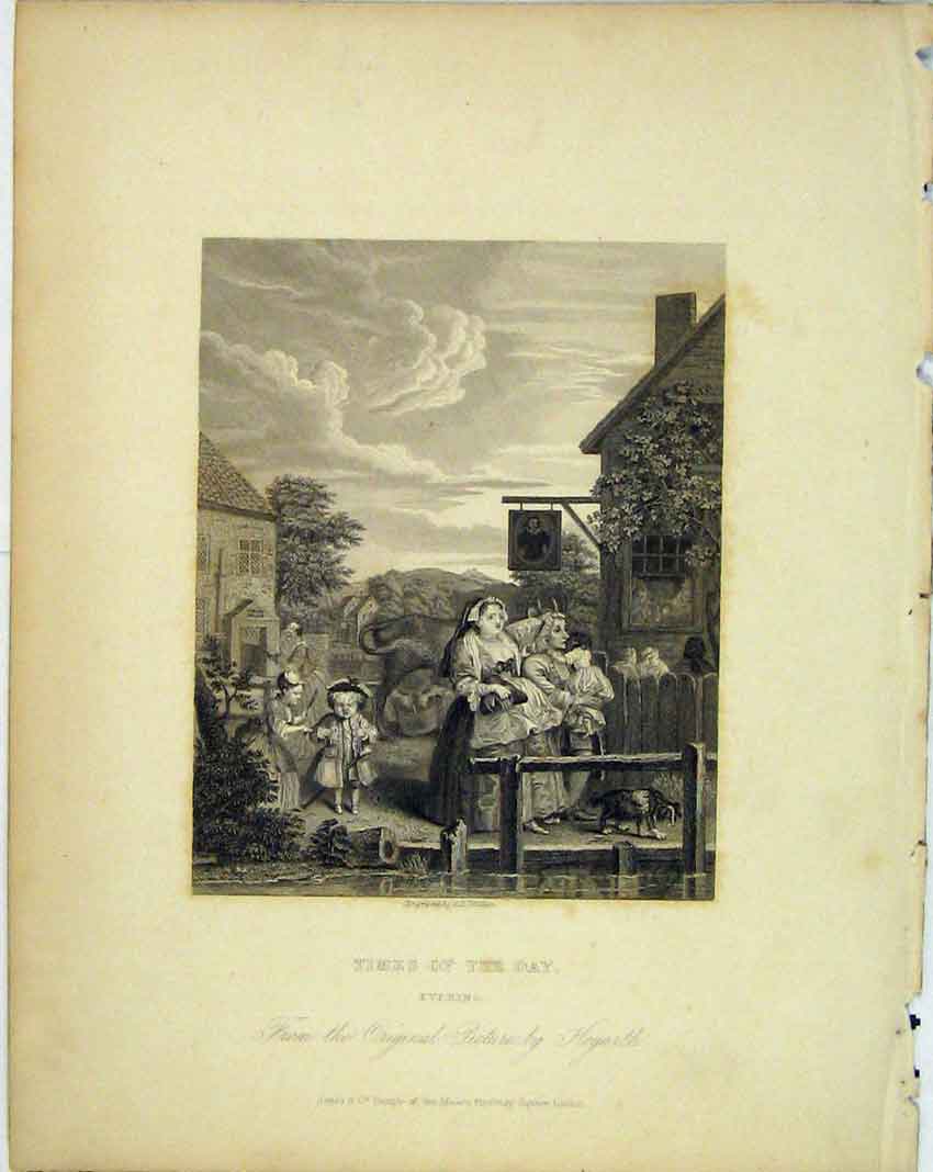 Original Old Antique Print C1825 Village Scene Evening Women Children Hogarth