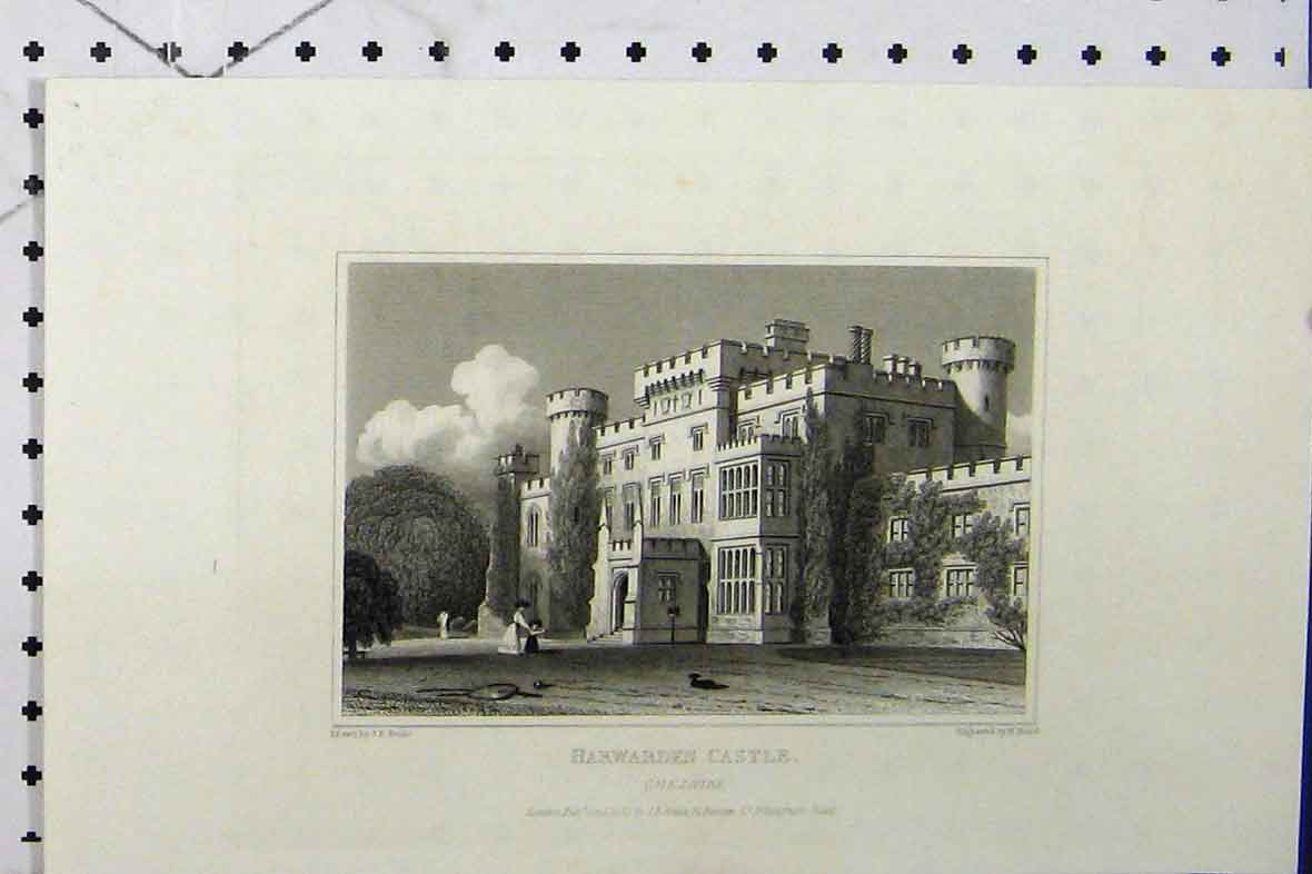 Original Old Antique Print C1869 View Harwarden Castle Cheshire England Bond