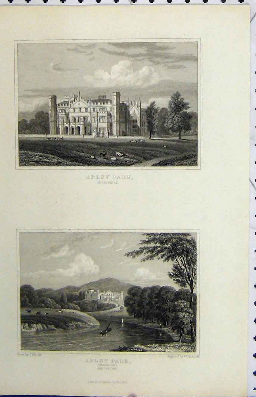 Original Old Antique Print 1829 View Apley Park Shropshire Radclyffe 19th